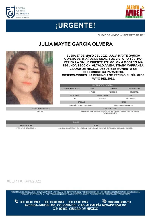 #AlertaAmber #CDMX
Julia Mayte García Olvera
15 años #Desap 27/05/22
En #Alcaldía #VenustianoCarranza RT <a href="/HojasPoliticas/">El Chapucero Mayor</a> <a href="/PublimetroMX/">Publimetro México 🌐</a> <a href="/Reporte_Indigo/">Reporte Índigo</a> <a href="/unomasunomx/">unomasuno MX</a> <a href="/LaGazzettaDF/">La Gazzetta DF</a> <a href="/EjeCentral/">EjeCentral</a> <a href="/plumasatomicas/">Plumas Atómicas</a> <a href="/diario24horas/">@diario24horas</a> <a href="/NDigitalesMX/">Noticias Digitales MX</a> <a href="/PrensaCDMX/">CDMX noticias</a> <a href="/botDesaparecidx/">BotDesaparecidx</a> <a href="/AyudaSinDudar2/">AyudaSinDudarOficial</a>