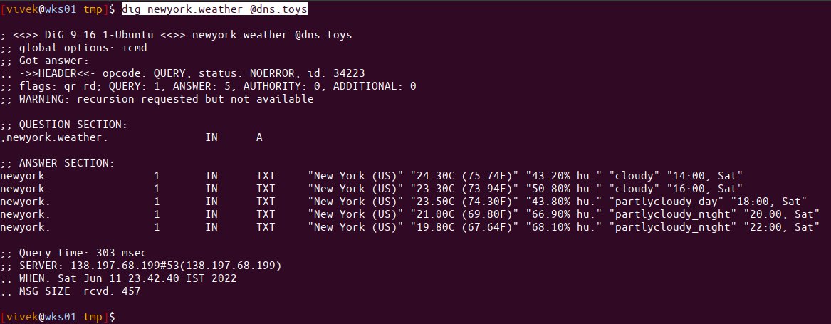 nixcraft's tweet image. dns.toys is a DNS server that takes creative liberties with the DNS protocol to offer handy Linux /macOS / Unix utilities and services that are easily accessible via CLI:

Example: Find weather in NYC:
dig newyork\.weather @dns.toys

Time:
dig mumbai.time @dns.toys