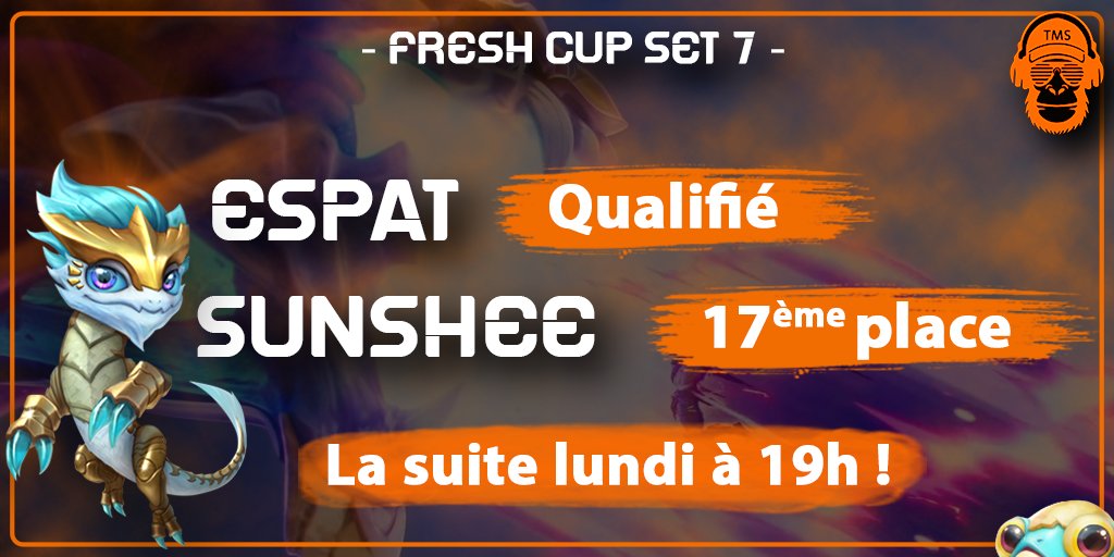 Un grand bravo à nos joueurs pour leur performance à la Fresh Cup 6 🏆
@Esteban4485 se qualifie pour la suite du tournoi 🔥
C'est malheureusement fini pour <a href="/SunsheeTFT/">Sunshee</a> qui ne passe pas au tiebreak 😭
Merci à <a href="/ImSoFresh_K/">Karim 4K</a> pour le cast, on se retrouve lundi  19h00 pour la suite !