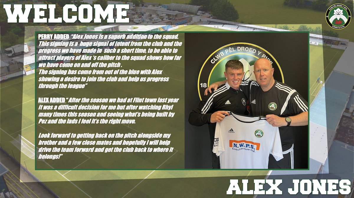 ✍️⚫ New Signing ⚪✍️

We are absolutely delighted to announce that Alex Jones joins CPD Y Rhyl 1879! 

Many thanks to <a href="/FlintTownFC/">Flint Town United FC ⚫️⚪️</a> for your support with the transfer, best of luck for the new season.

<a href="/GaThomas101/">Gareth Thomas</a> <a href="/woza881/">Warren Adam</a> <a href="/AndyWilmot2/">Andy Wilmot</a> <a href="/RMFEZ/">Reece Fairhurst</a> 

#welcomealex 👋 #sunnyrhyl☀️