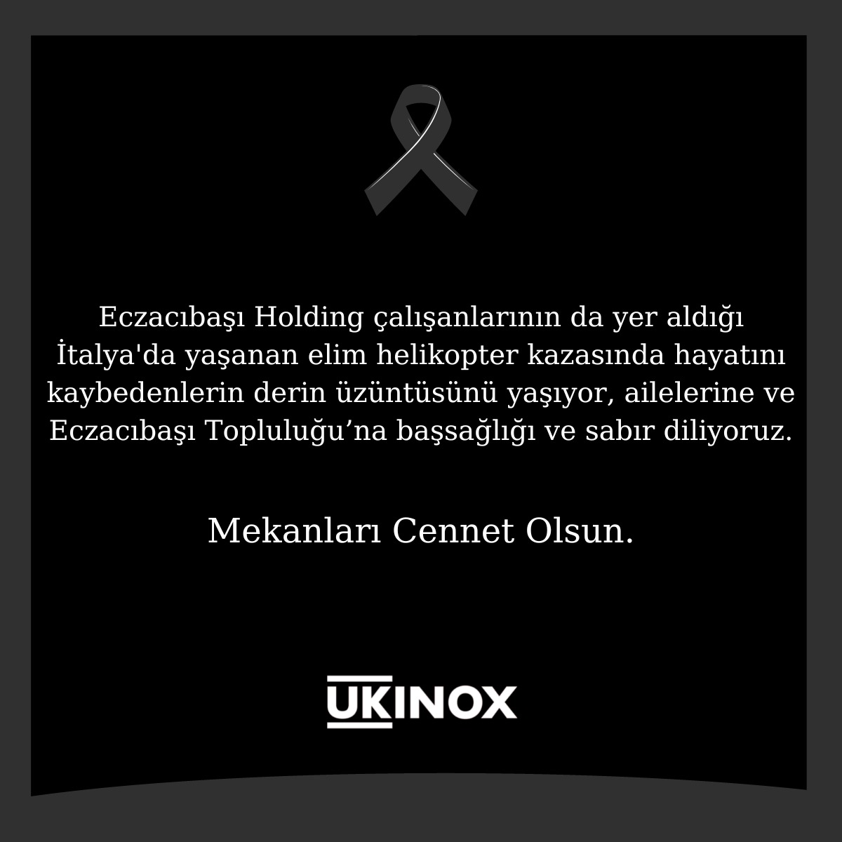 Eczacıbaşı Holding çalışanlarının da yer aldığı İtalya'da yaşanan elim helikopter kazasında hayatını kaybedenlerin derin üzüntüsünü yaşıyor, ailelerine ve Eczacıbaşı Topluluğu’na başsağlığı ve sabır diliyoruz.Mekanları Cennet Olsun.<a href="/Eczacibasi/">Eczacıbaşı</a>