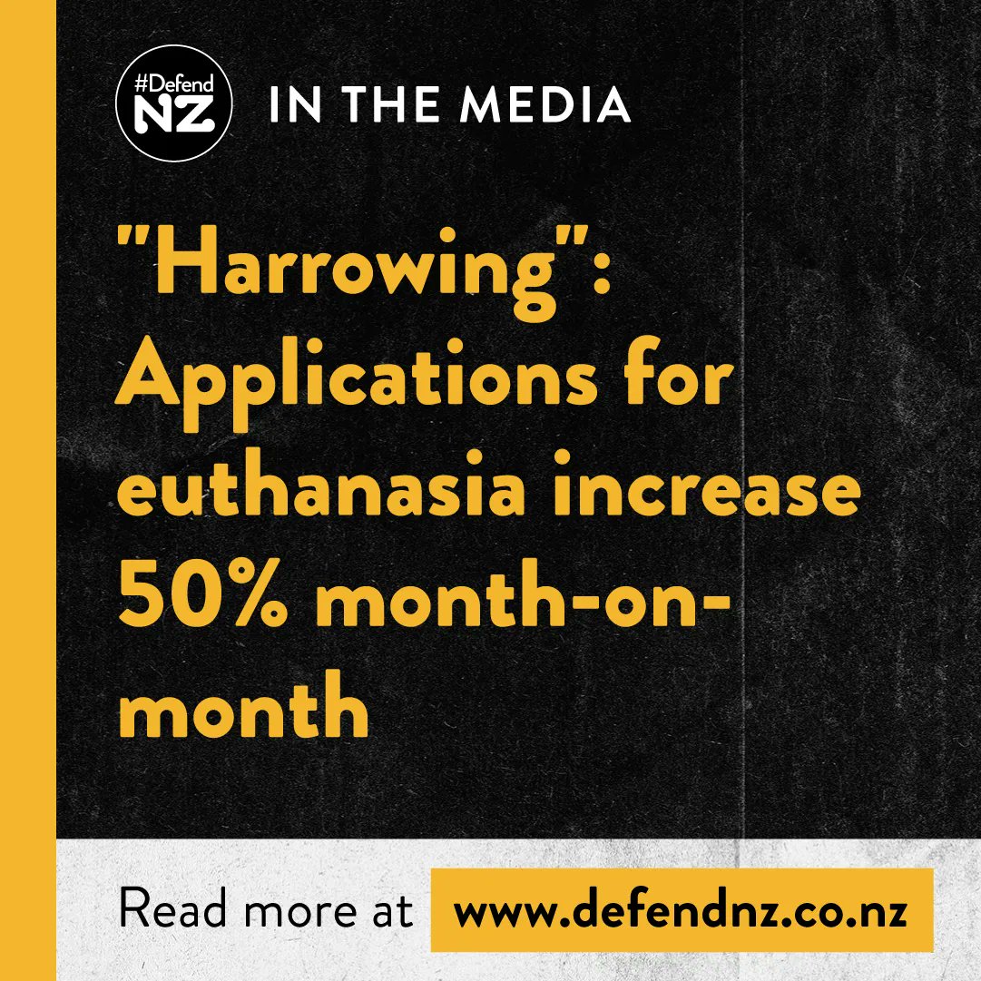 DefendNZ's tweet photo. In a recent Podcast episode of the Pulse podcast, #DefendNZ spokesperson Henoch Kloosterboer shares the latest worrying data showing that applications for assisted suicide and euthanasia in New Zealand shot up from an average of 40 per month, to 60 in April.
#DefendNZ https://t.co/KPydL6vBup