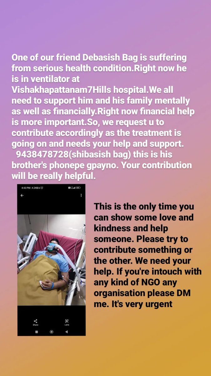 S16319's tweet photo. PLEASE HELP MY FRIEND.. We are all here to discuss a serious topic. One of our friend Debasish Bag is suffering from serious health condition.Right now he is in a ventilator at 
@7HillsHospital Visakhapattanam, 
 hospital. https://t.co/WHyXu1bEYn