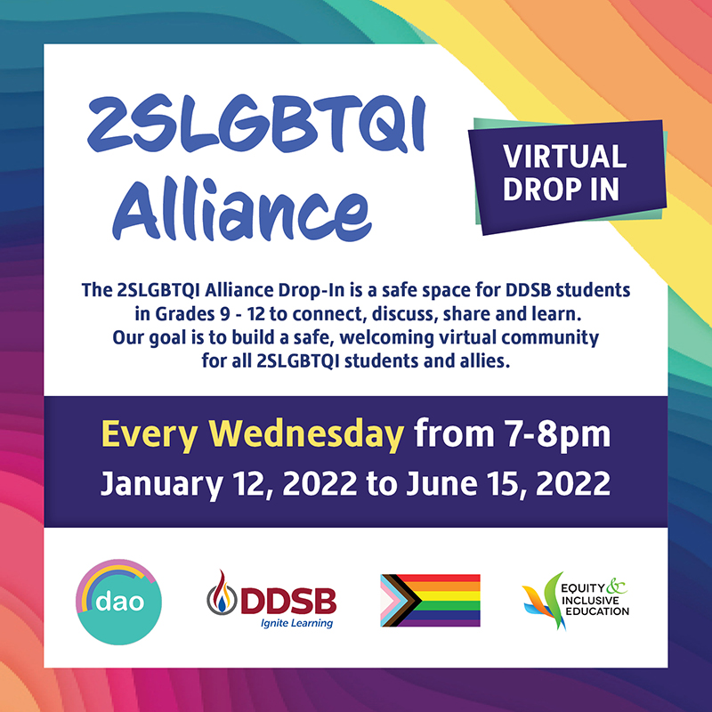 DDSBSchools's tweet photo. The DDSB and Durham Alliance Outreach invite all 2SLGBTQIA+ students and allies to a virtual drop-In GSA.
Register at: https://t.co/DQq9Cj5ddW
#2SLGBTQI #DDSBequity #DDSBengagement https://t.co/JzOnT3dOMA