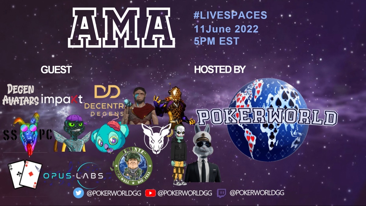 Running out of room on our #AMA banner for our event at 5pm EST!

Special guests:

<a href="/KartoCars/">Karto Cars</a>
<a href="/BulletsNft/">Bullets Club NFT ♠️</a>
<a href="/ModernPokerClub/">ModernPokerClub</a>
<a href="/nft_blues/">Mr.Blue</a>
<a href="/skateoftheart/">Skate of the Art</a>
<a href="/NftFluff/">FLUFF | NFTs</a>
<a href="/DecentraDegens/">DecentraDegens.eth</a>
<a href="/impaktlife/">Impakt</a>
<a href="/OpusLabsHQ/">Opus-Labs</a>
@CryptoGRUNTZ
<a href="/MetaverseArmy/">Soldiers Of The Metaverse</a> &amp; more!!!

#SpacesHost link: x.com/i/spaces/1YpJk…