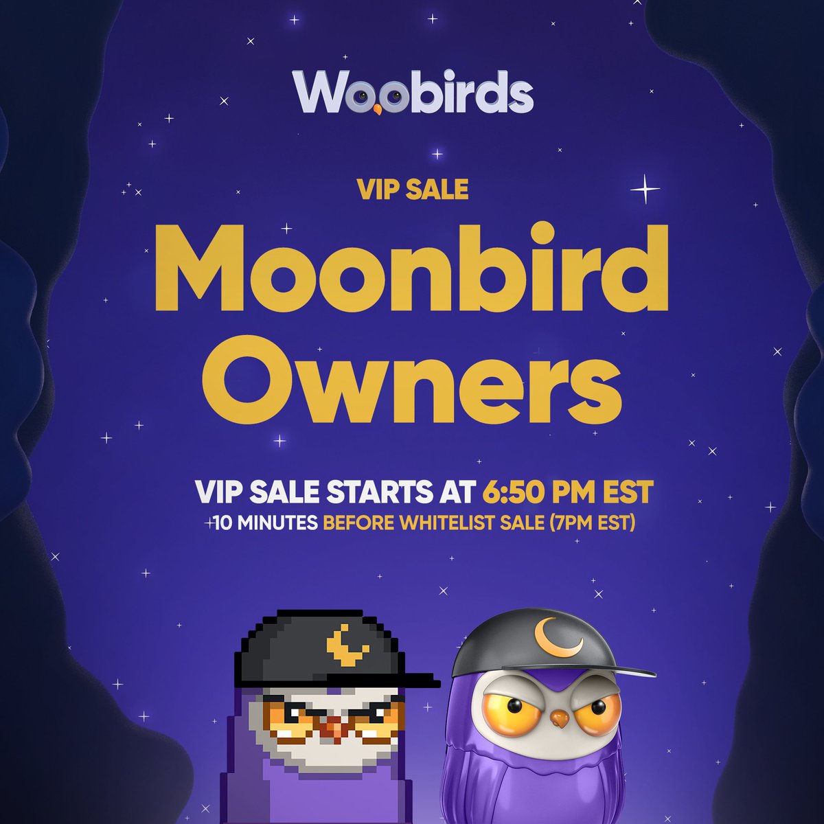 WoobirdsNFT's tweet photo. Moonbird owners 🦉🪹  will have access to a VIP sale. To participate you will need to have the MOONBIRD ROLE on the PROOF Discord server. Free Mint guaranteed

Don't miss, register at https://t.co/a8aSPKpF2k

⏲️VIP SALE STARTS AT 6:50 PM EST 

#Moonbirds #Woobirds #Freemint #NFTs https://t.co/LovsTTB34C