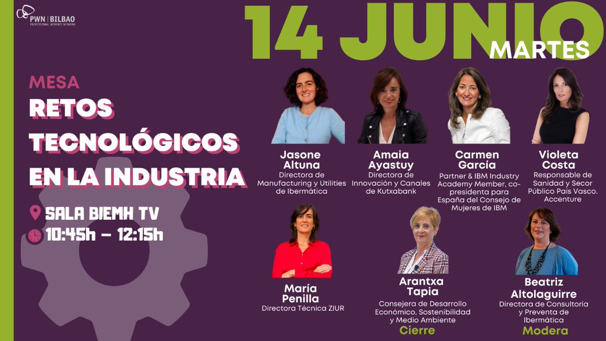 PWNBilbao's tweet photo. Dentro de nuestro programa WIN el día 14, contaremos en "Los retos tecnológicos de la industria" con @ibermaticagrupo @MariaPenillaA   @amaia_ayastuy  @GarciaG_Carmen @violetacosta  @arantxa_tapia @baltolag 
#igualdad #liderazgo #industria #biemh #WIN #WINpwnbilbao #pwnbilbao https://t.co/M3QikKmuHF