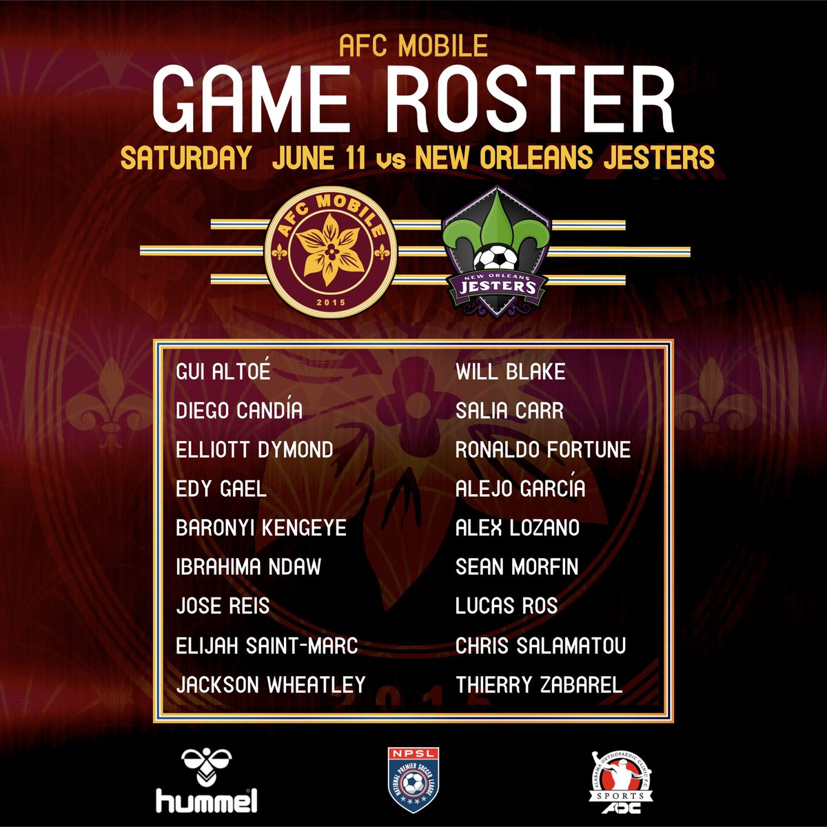 Lista de convocados que enfrentara a New Orleans Jesters!

Ven alentar a los Azaleas ESTA NOCHE a las 7PM!  Entrada general es de $10, menores de 12 años son gratis igual que los trabajadores de primeros auxilios, bomberos, EMT’s y policías entran gratis!
#AlwaysMobileALwaysHome