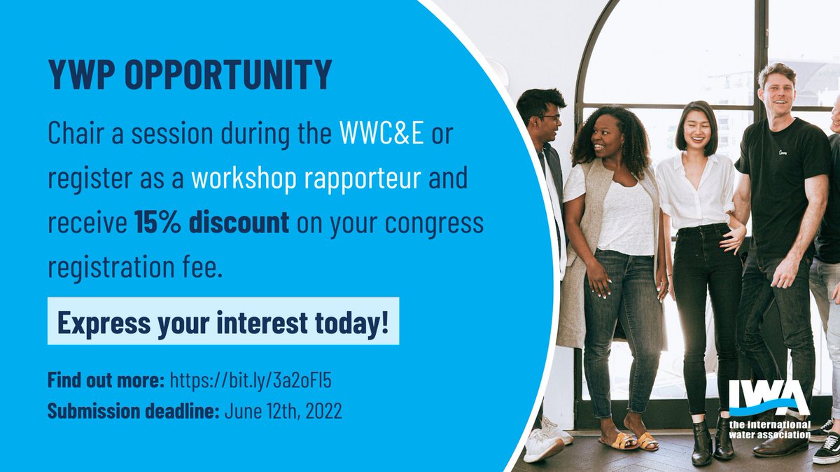 Congress opportunities are available for #YoungWaterProfessionals 
<a href="/iwaywp/">IWA YWP</a>  willing to chair a technical session or be workshop rapporteurs at the IWA #WorldWaterCongress, 11-15 September, in Copenhagen!

Submit your interest by 12 June: ow.ly/qBtw50JjGwL