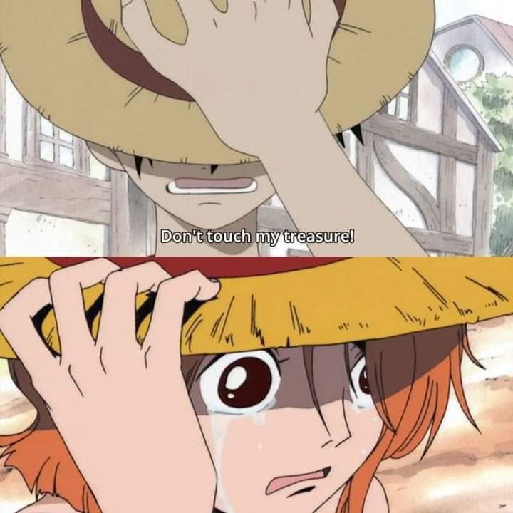 Luffy gives his hat to Nami 