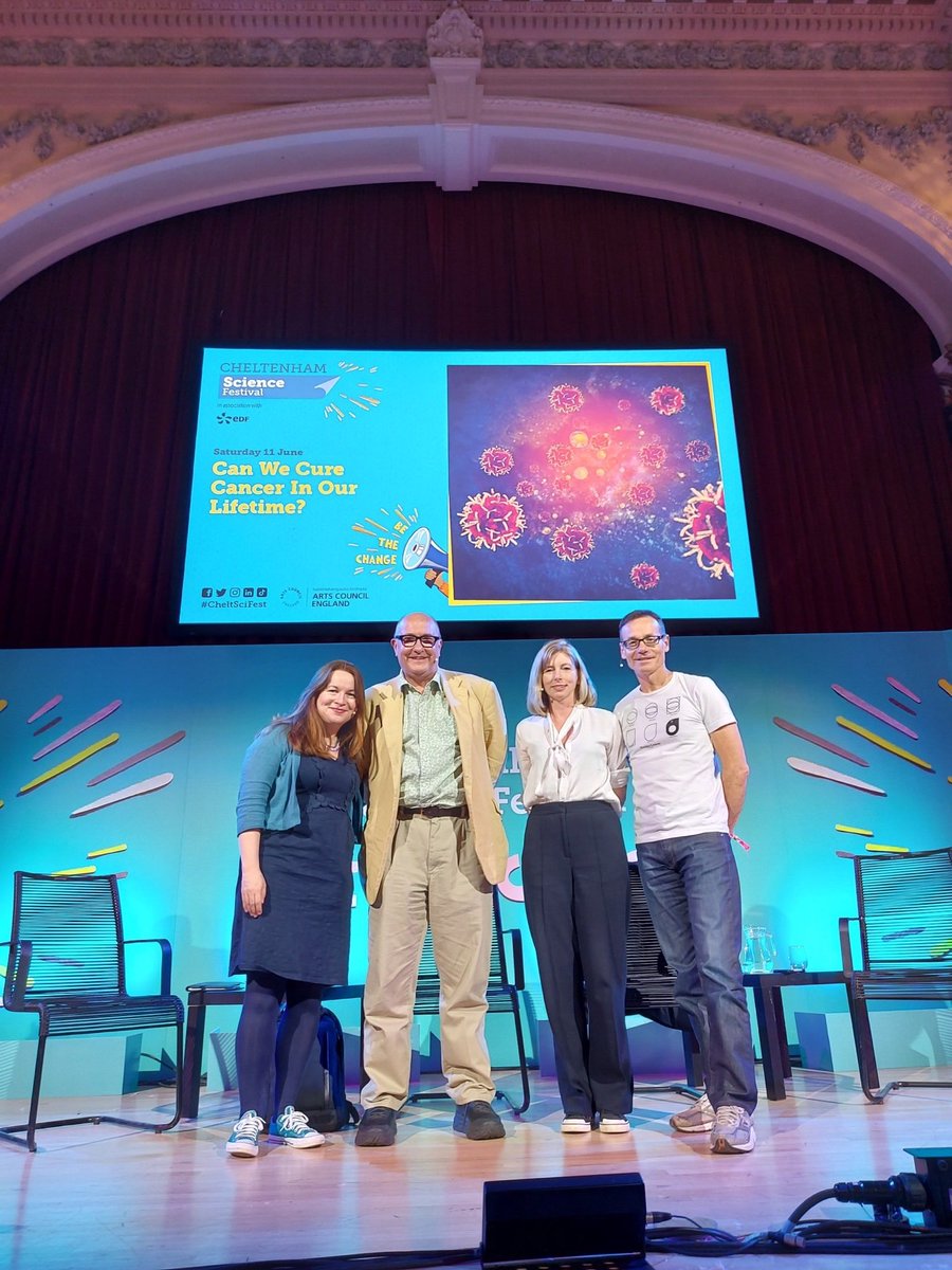 Today’s panel at@CheltSciFest where we discussed cancer research. In honour of the incredible ⁦@bowelbabe⁩. Chaired by ⁦@doctor_oxford⁩ and featuring ⁦@RogerHighfield⁩ and ⁦⁦@marklythgoe⁩ and me.