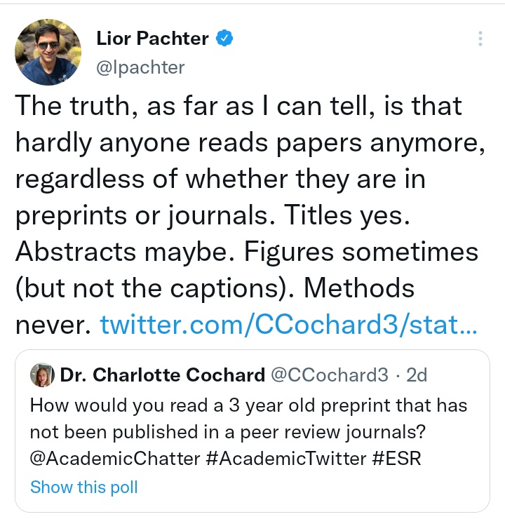 ElliotHershberg's tweet photo. The claim by @lpachter that "hardly anyone reads papers anymore" is super interesting, and has generated a lot of discussion.

I think that there is a lot going on here... https://t.co/dqiRKdgrWg