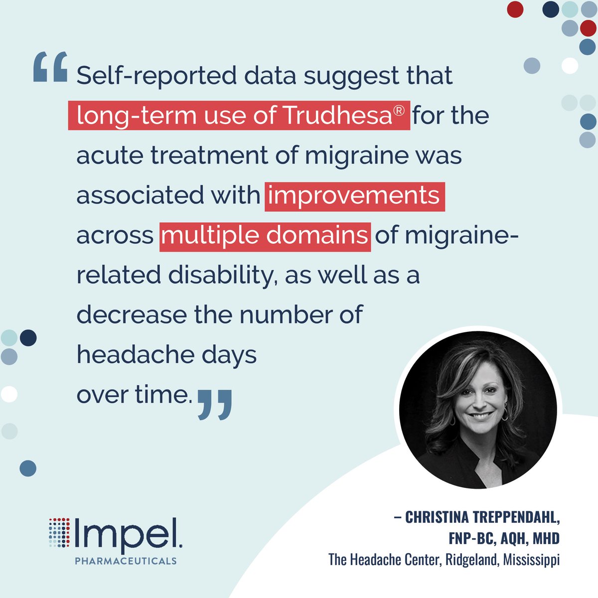 Additional self-reported data suggest that the acute treatment of #migraine with Trudhesa® can reduce the burden of migraine-associated disability for patients as well as decrease the number of headache days over time. (poster P-176)
#AHSAM22 #NeuroTwitter