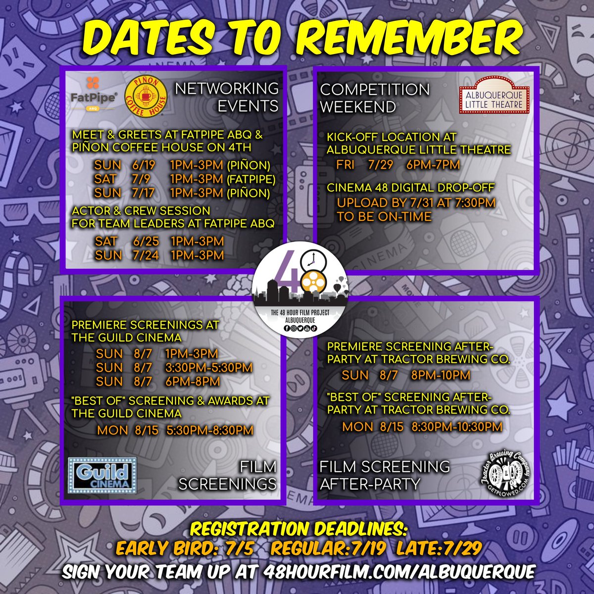 We have a lot coming up for the @abq48hfp! All networking, registration and festival dates are posted on our website and in this image for your convenience! Our next event is Sunday, June 19th from 1P-3P at Piñon Coffee on 4th. Hope to see you there! #film #abq48hfp #networking