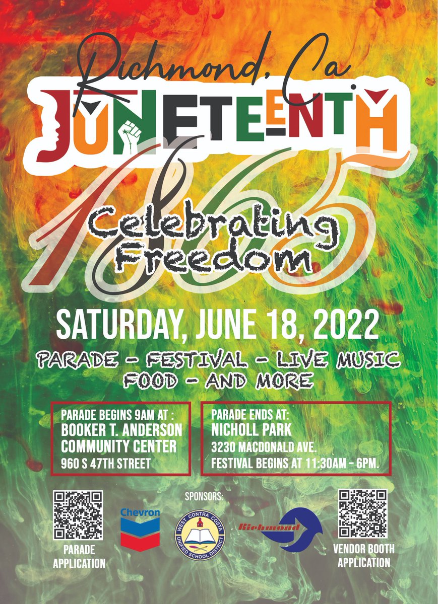 Richmond's annual Juneteenth celebration is back!! Come out and bring the entire family on Saturday June 18, 2022. Parade is at 9am starting at Booker T. Anderson Community Center. If you have any questions, please contact Gbrown@wccusd.net or Lashara@cocofamilyjusticecenter.org