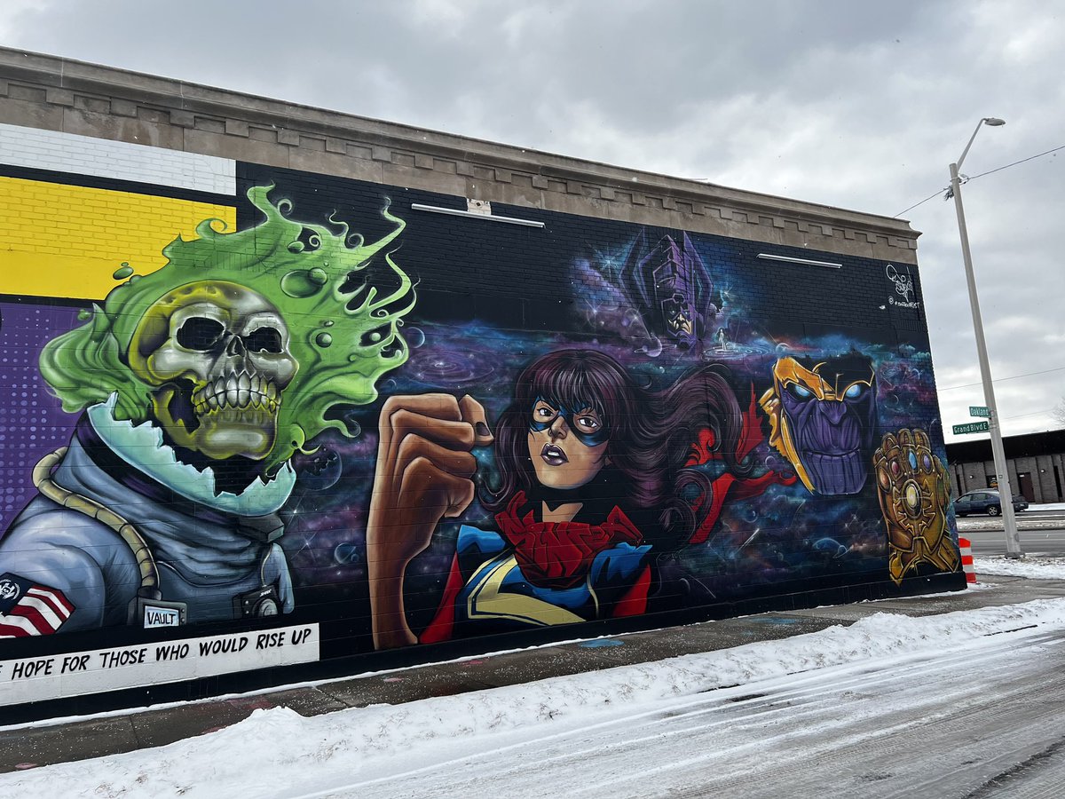 WildeePatrol's tweet photo. #MsMarvel graces a mural in downtown Detroit! 

You can go see it for yourself at @VaultOfMidnight Detroit location https://t.co/Aly4Cw7sC1