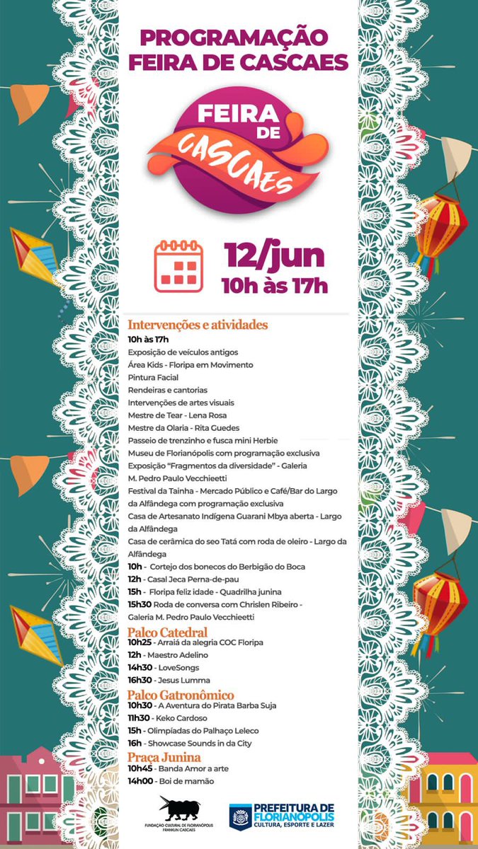 floripando_'s tweet photo. Feira de Cascaes Junina acontece neste domingo, dia 12! Essa edição temática terá atrações e gastronomia típicas de São João 😋🌭🍿🍷
 
O evento é gratuito e ocorre na Praça XV de Novembro a partir das 10h. 

Confira a programação! 

#floripando #feiradecascaes #festadesaojoao https://t.co/o5kS8W4BSF