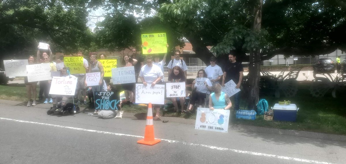 Blurry picture, but WE DID IT! 20+ people protesting the use of shock aversives as corporal punishment at the JRC in Canton Massachusetts.