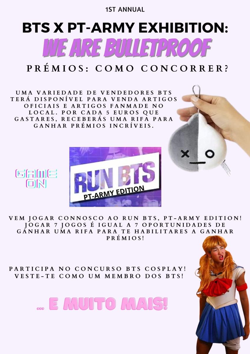 OmelasV's tweet photo. BTS X PT-ARMY EXHIBITION: We Are BulletPROOF dia 24 de Julho(Lisboa)

💜Prizes!💜 Informação sobre prémios e como ganhar!

Faz já a tua inscrição: https://t.co/IP768FToB6

Para dúvidas: https://t.co/yRIwu9yL60

Pls follow: @btseventspt 
@BTS_twt
#BTSxPTARMYBulletPROOF #BTS_Proof https://t.co/V758qY2u8i