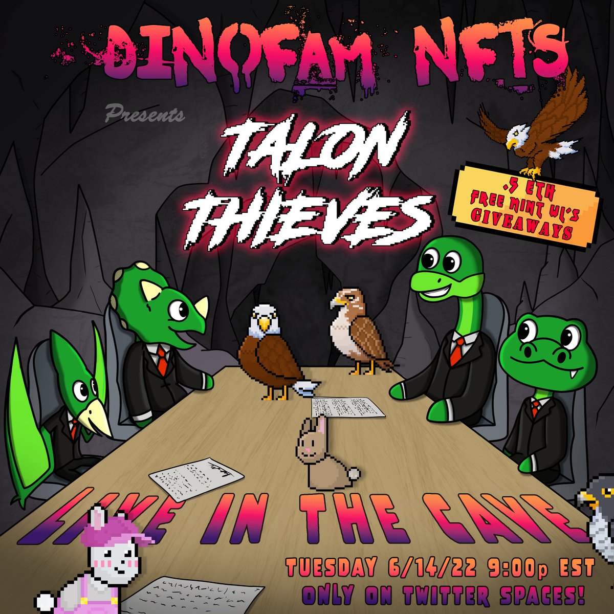 🔥 5 #Freemint WL #NFTGiveaways🔥

🚨24hr🚨
🦅 Follow <a href="/talonthievesNFT/">Talon Thieves</a>  &amp; @DinoFamNFTs
🦅 Like &amp; RT, Tag 3 Friends
🦅 Set a reminder for our huge $ETH giveaway space!

Spaces Link 👇x.com/i/spaces/1kvKp…

Only WL are free mints! You don't want to miss out on this one #Dinofam!