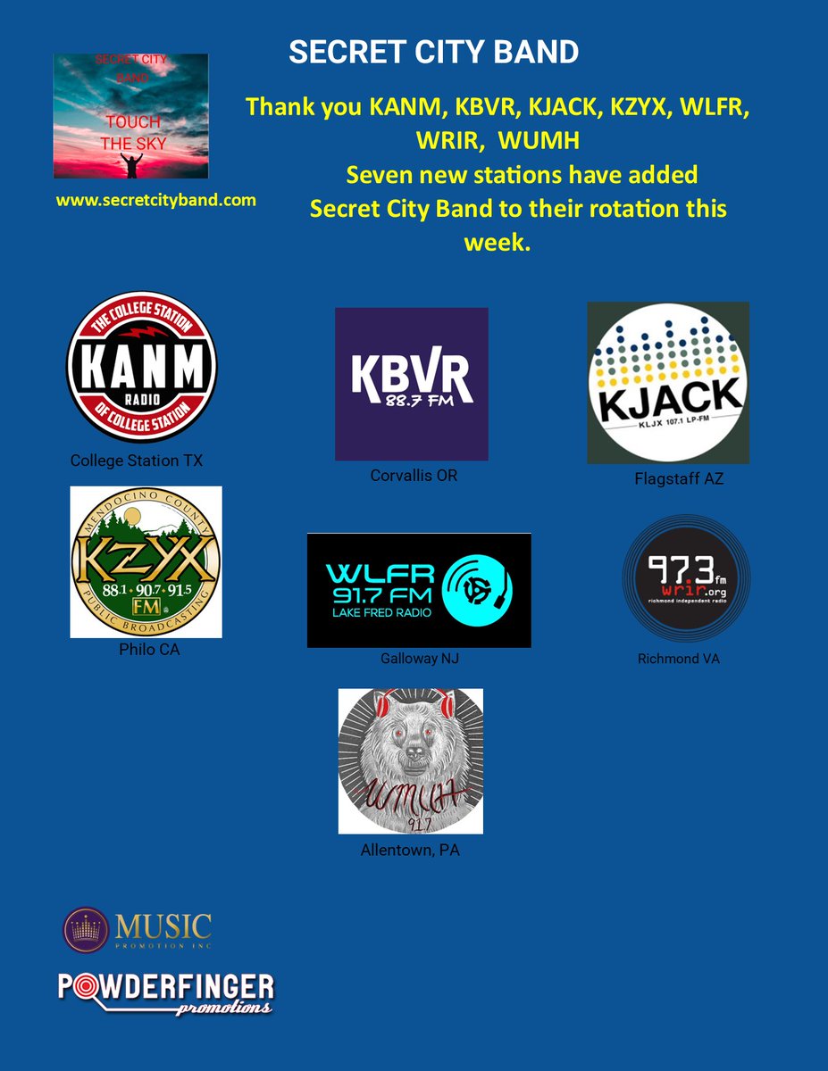 Week two gives us seven more radio stations playing songs from our second album "Touch The Sky". Touch The Sky is available on all of the streaming sites. THANK YOU one and all! secretcityband.com
