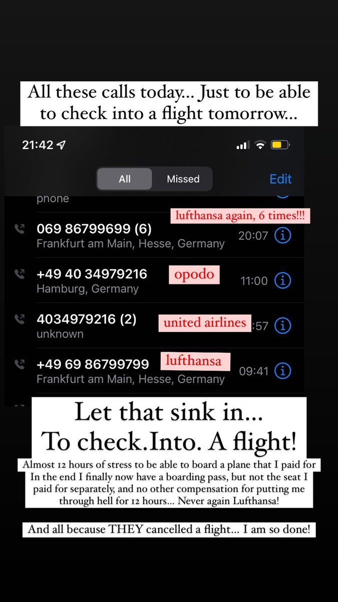 Endless_Fighter's tweet photo. never flying @lufthansa @Lufthansa_DE again after tomorrow. 
Every customer service person I talked to was super nice but 12h phone calls to be able to check into my flight is ridiculous. And this whole mixup wouldn’t have happened if they hadn’t canceled the original flight https://t.co/GUdsA4mPRk