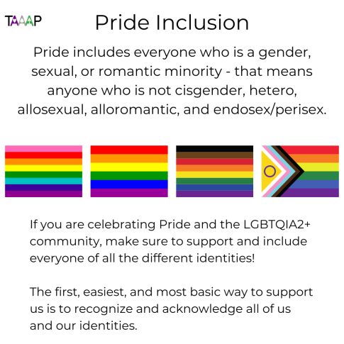 TAAAP_org's tweet photo. A reminder to all - #Pride includes all of us. The acronym does not stop at LGBTQ!

The first step to celebrating #PrideMonth is to acknowledge all of us and our identities! https://t.co/PYTFAP5imN
