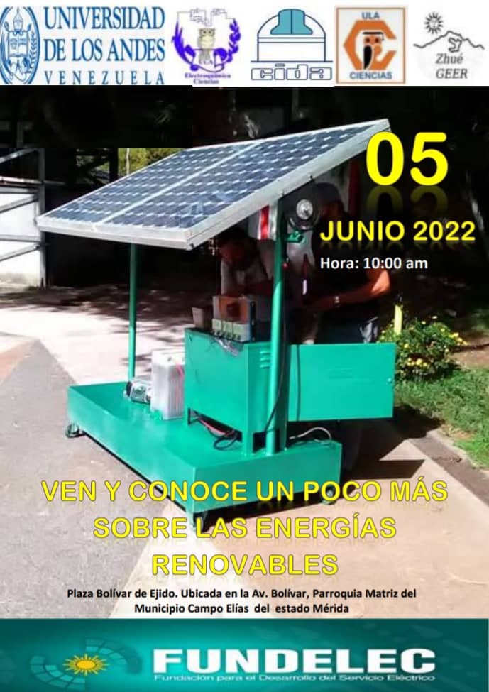 SocializaCIDA's tweet photo. ¿Te interesan las #EnergiasRenovables ? 

Conoce más sobre ellas este domingo. Te invitamos a pasar por la plaza Bolívar de Ejido, municipio Campo Elías del estado #MeridaVenezuela .

#ejidomerida #energiasolar #Cida #Fundelec #ULA #ZhuerGEER #CampoElias https://t.co/7q6ERDirsa