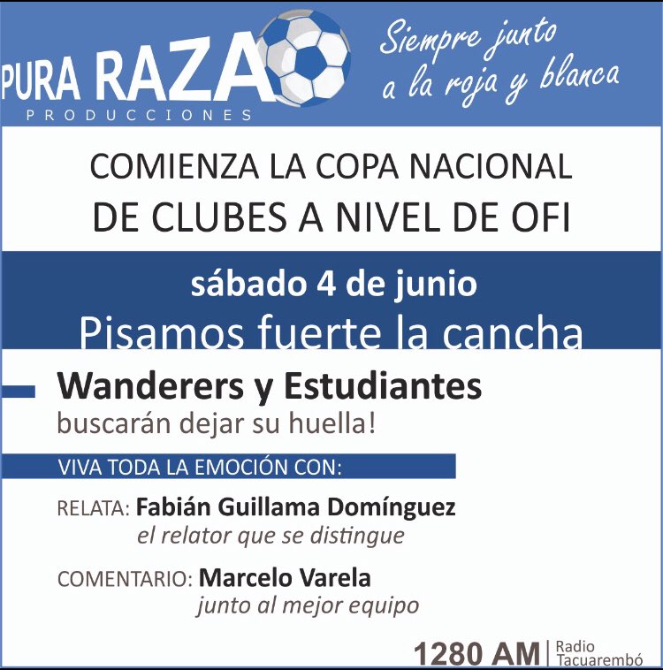 Hoy desde las 15 horas sintoniza la 1280 am <a href="/RazaFutbol/">Pura Raza Futbol</a>  con la copa de clubes <a href="/mafevaremar/">CESAR MARCELO VARELA</a> <a href="/LucasDi30111936/">Lucas Diaz</a> <a href="/RadioTacuaremb/">Emisoras Tacuarembo</a>