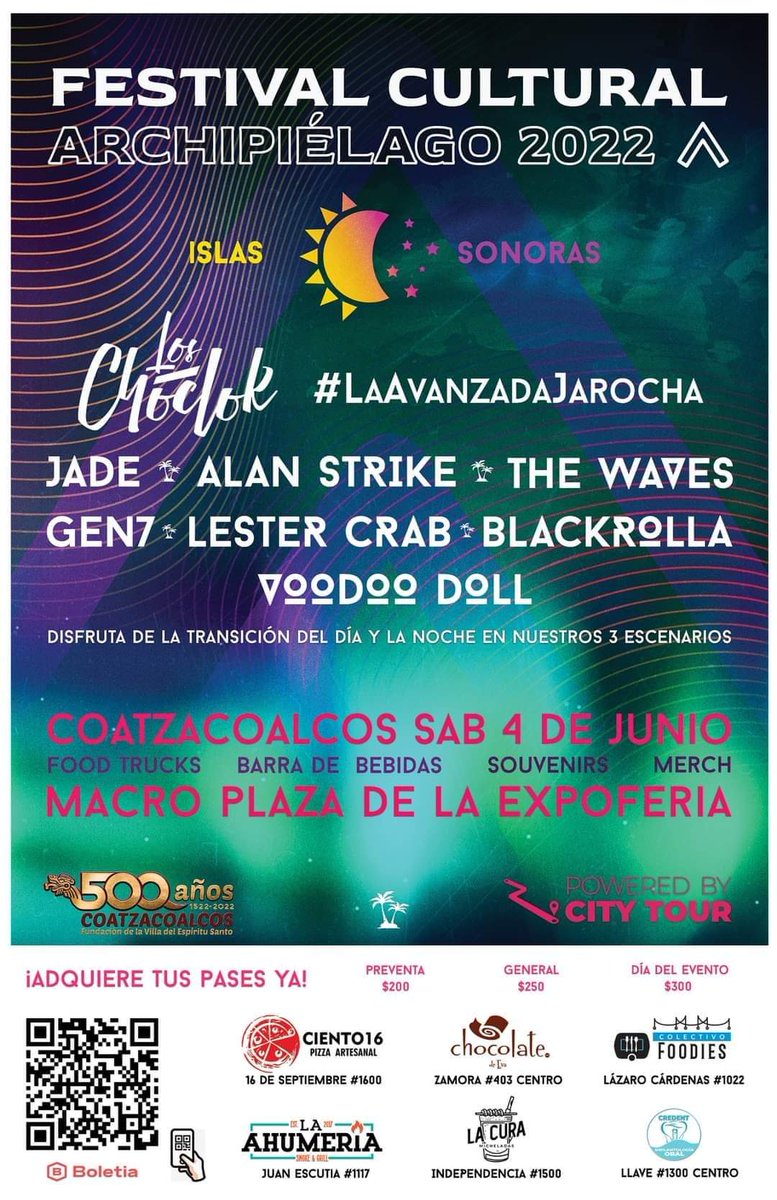 Familia! Nos vemos hoy en el Festival Archipiélago en #Coatzacoalcos 

¡No sé lo pueden perder! Tenemos una cita 🤘🏻🔥

#conehuantour2022 #KaimanEntretenimiento #cityTourMéxico