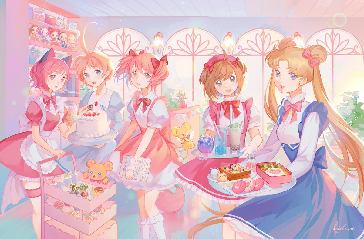 kinomoto sakura ,tsukino usagi multiple girls food pink hair twintails cake blue eyes blonde hair  illustration images
