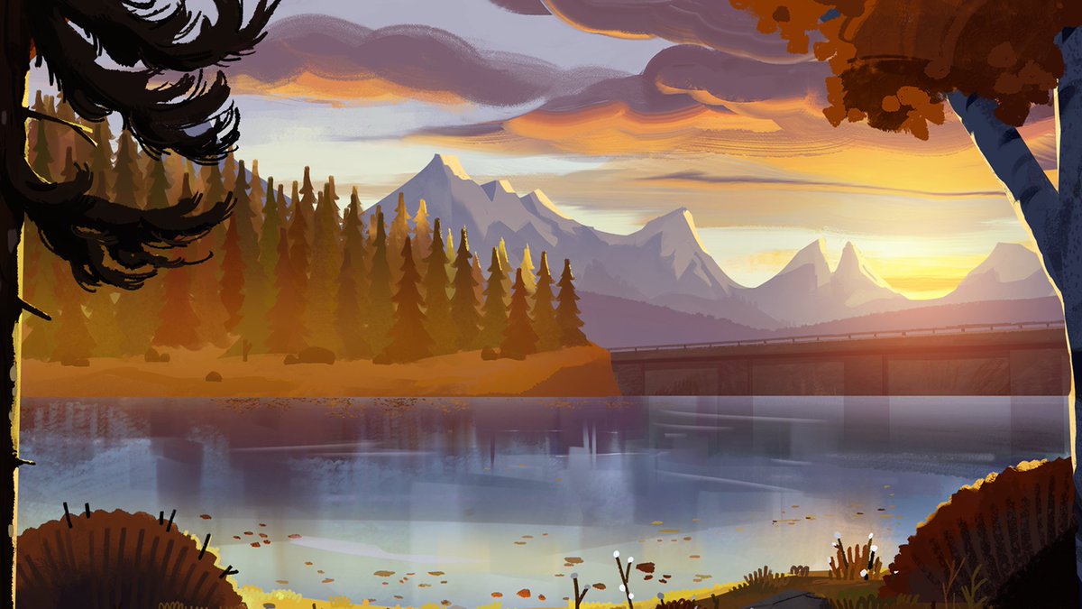 Background design from the upcoming game, Bear and Breakfast. The sun sets behind mountains and clouds over a calm, glassy lake surrounded by pine trees.
