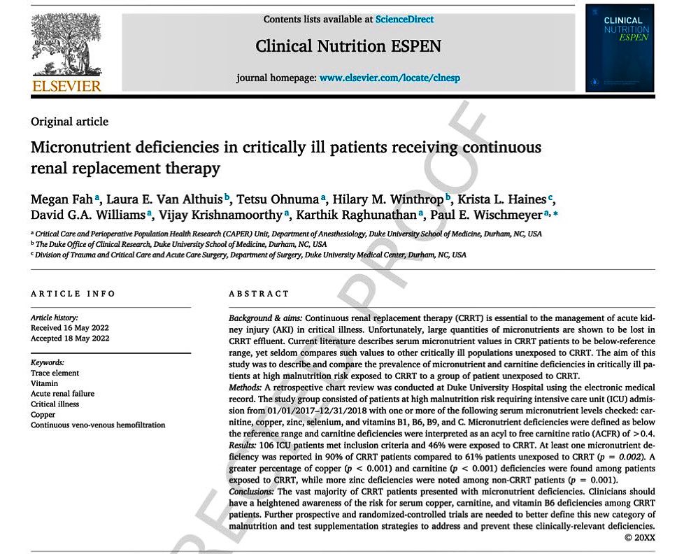 🙋‍♂️Free PDF download here! 👇 

NEW DATA: 90% of CRRT pts develop micronutrient deficiencies w/in 5-7 days!

💡Most often deficient:
- #Copper
-Vit. B6
-Carnitine

UNRECOGNIZED risk of #CRRT can cause pancytopenia, encephalopathy &amp; muscle weakness
#FOAMcc
authors.elsevier.com/a/1fBCA_siPjJU…