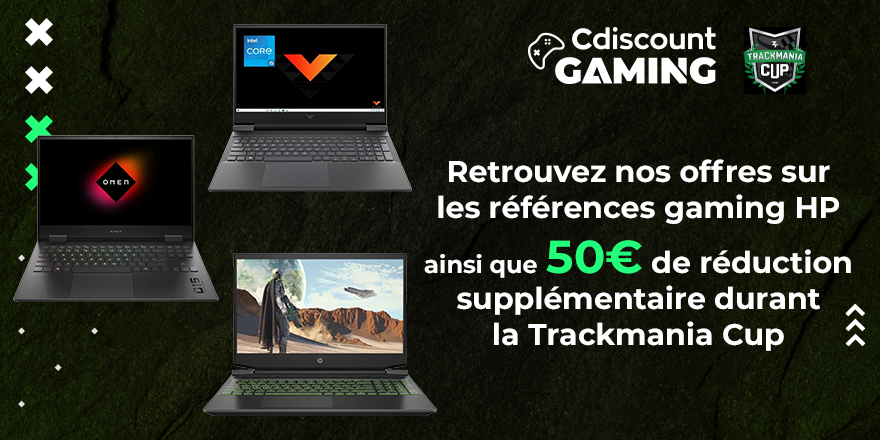 Cdiscount's tweet photo. 🟢 @CdiscountGaming est partenaire de la @TrackmaniaCupFR 🏁

La finale à suivre sur la chaîne de @ZeratoR ➡️ https://t.co/cmsf1EvOhJ

Découvrez les offres OMEN et VICTUS avec 50€ de réduction supplémentaire pour les membres CDAV

👉 https://t.co/rGWsQgX1i8 👈

#TMCUP2022 https://t.co/Cs735easlR