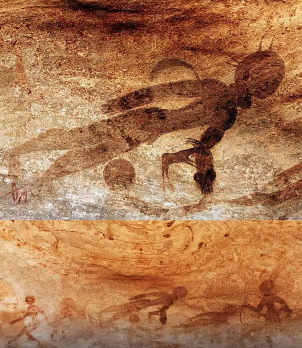 archeohistories's tweet photo. Humans appear to be flying or levitating in some of the ancient cave art of Tassili N'Ajjer, Algeria; dated to approximately 9500 BC.

#archaeohistories https://t.co/DQ7IxrITrp