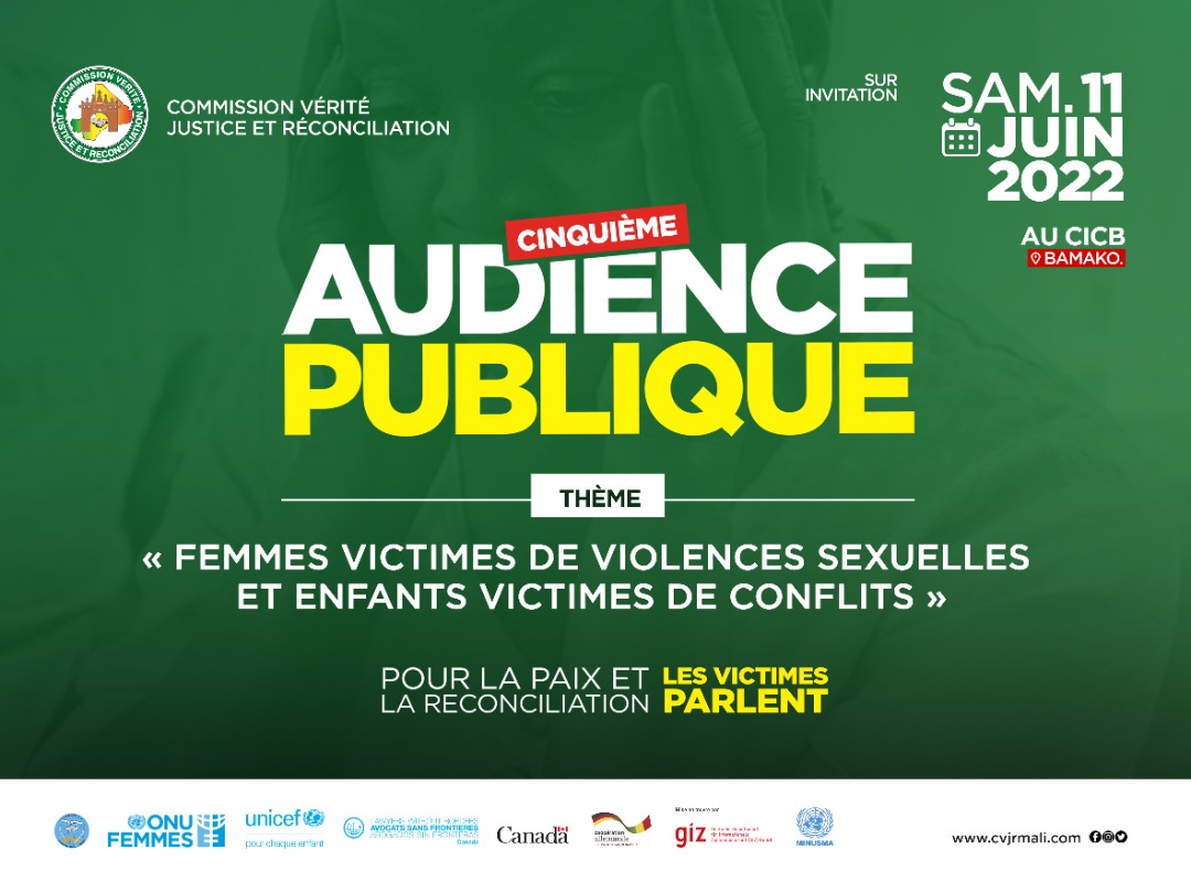 CVJR_MALI's tweet photo. La @CVJR_MALI organise sa 5e Audience Publique le samedi 11 juin 2022 sous le thème : Femmes victimes de violences sexuelles et enfants victimes de conflits. Accès à la salle sur invitation. Avec le soutien de: @ONUFemmes @unicefmali @ASFCanada @AA_stabilisiert et @UN_MINUSMA https://t.co/3Dfv2kWwU3