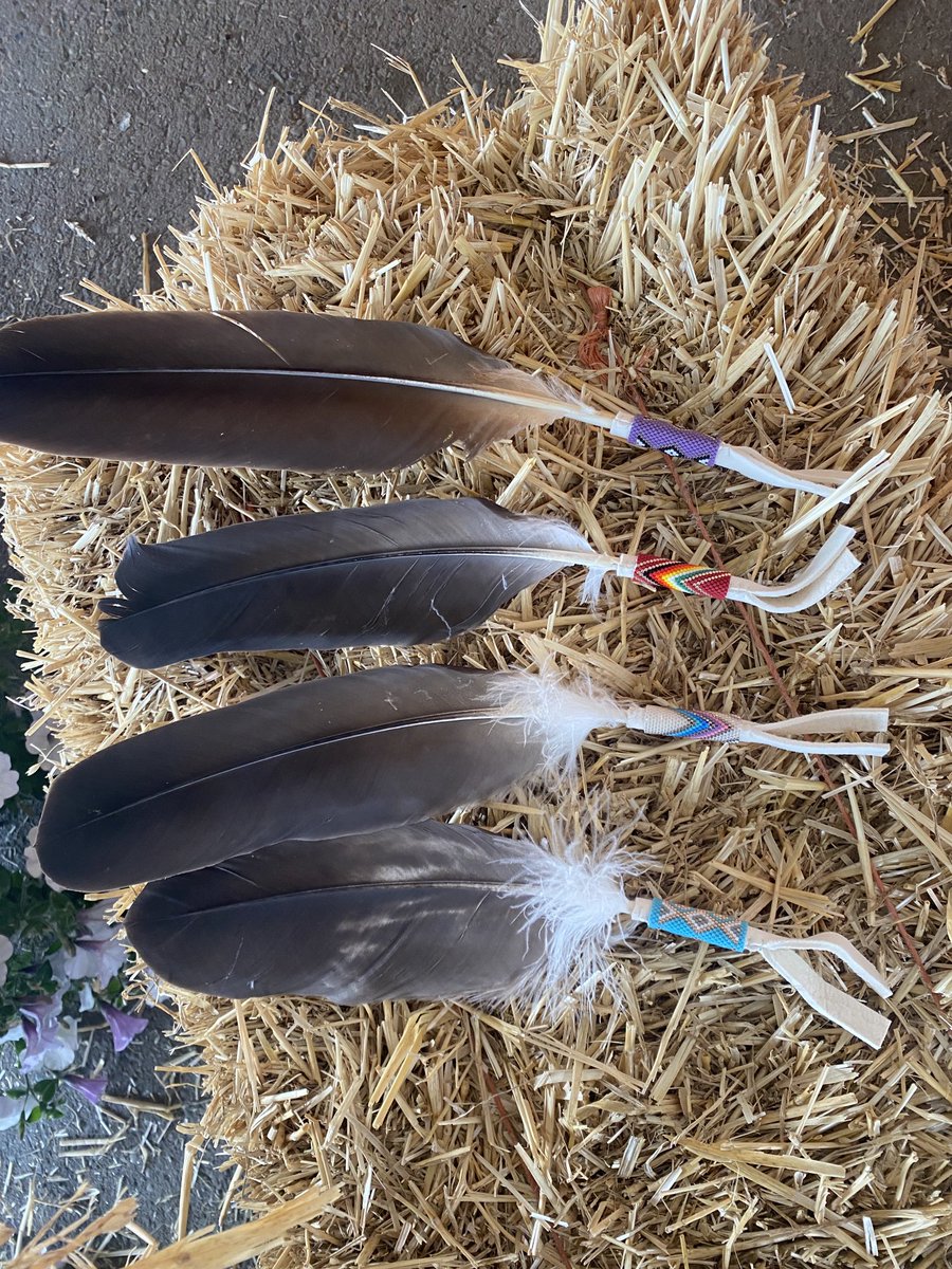 All ready to hand out eagle feathers beaded my niece Shinnea Small (Apsasin  on FB) to our deserving FNMI graduates ⁦<a href="/PonokaSC/">PonokaSecondaryCampus</a>⁩ .  Congratulations to all 2022 graduates.