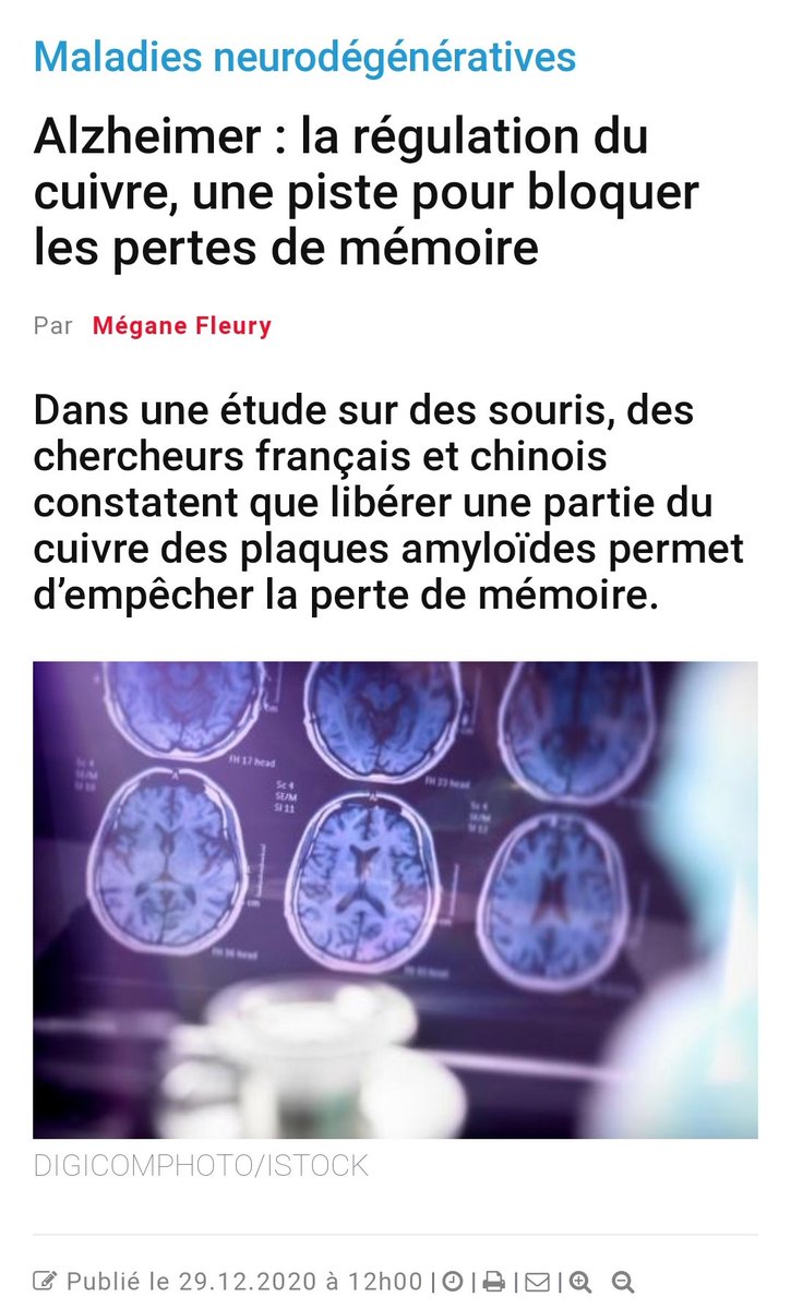 #Alzheimer : Le #cuivre
devenu une piste à suivre pour bloquer les pertes de mémoire. par <a href="/MeganeFleury/">Mégane Fleury</a>