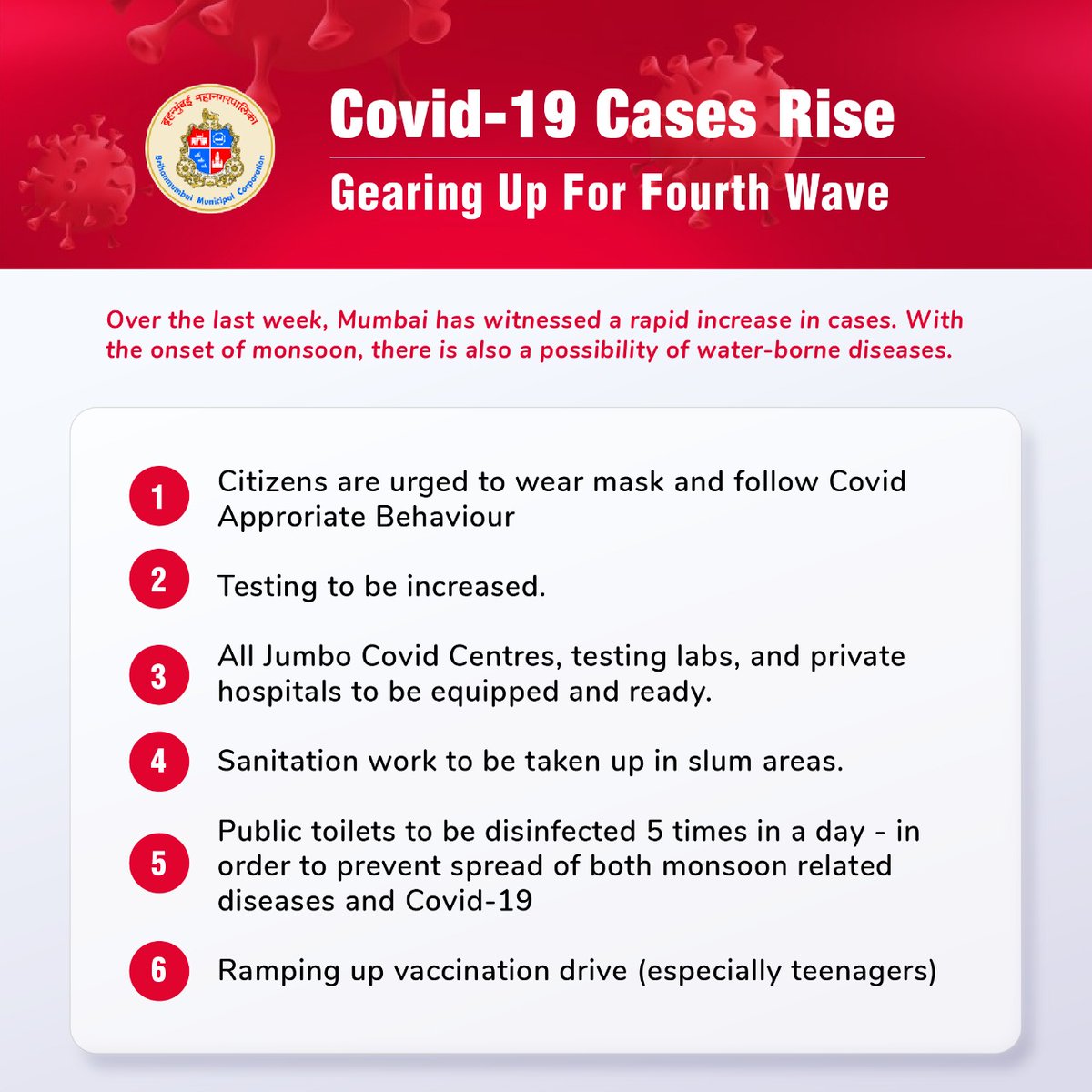 Due to rising Covid-19 cases in Mumbai and a possibility of fourth wave, all labs and hospitals have been put on alert. 
We urge all to wear masks and take care.

#MyBMCUpdates #BMCUpdates