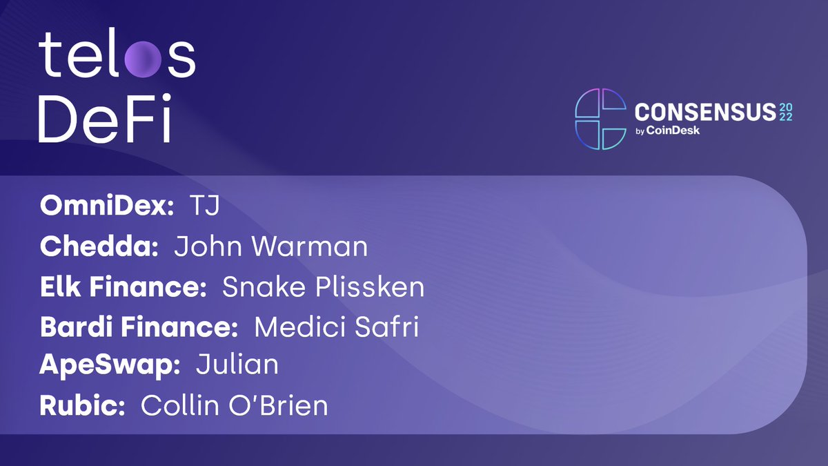 #TelosWorld🌎@consensus2022 Speakers

#Telos is ramping things🆙! Join our partners in this Telos #DeFi talk. 🚀 

📍 Where: Meeting Room 2, First Floor
📆 When: Friday, June 10th (9:30 am)

#MeetTelos #HelloTelos #TelosAtConsensus #Consensus2022