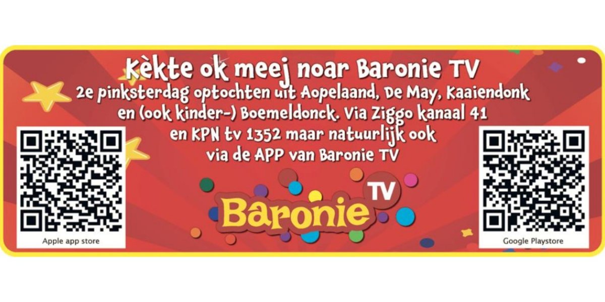#BaronieTV maakt op 2e Pinksterdag een programma rond de carnavalsoptochten. Uitzending vanaf 10.00u via #Ziggo kanaal 41 en #KPN en de BaronieTV app.  Dat zijn de optochten van Rijsbergen, Made, Oosterhout en de kinder- en grote optocht van Prinsenbeek #Boemeldonck.