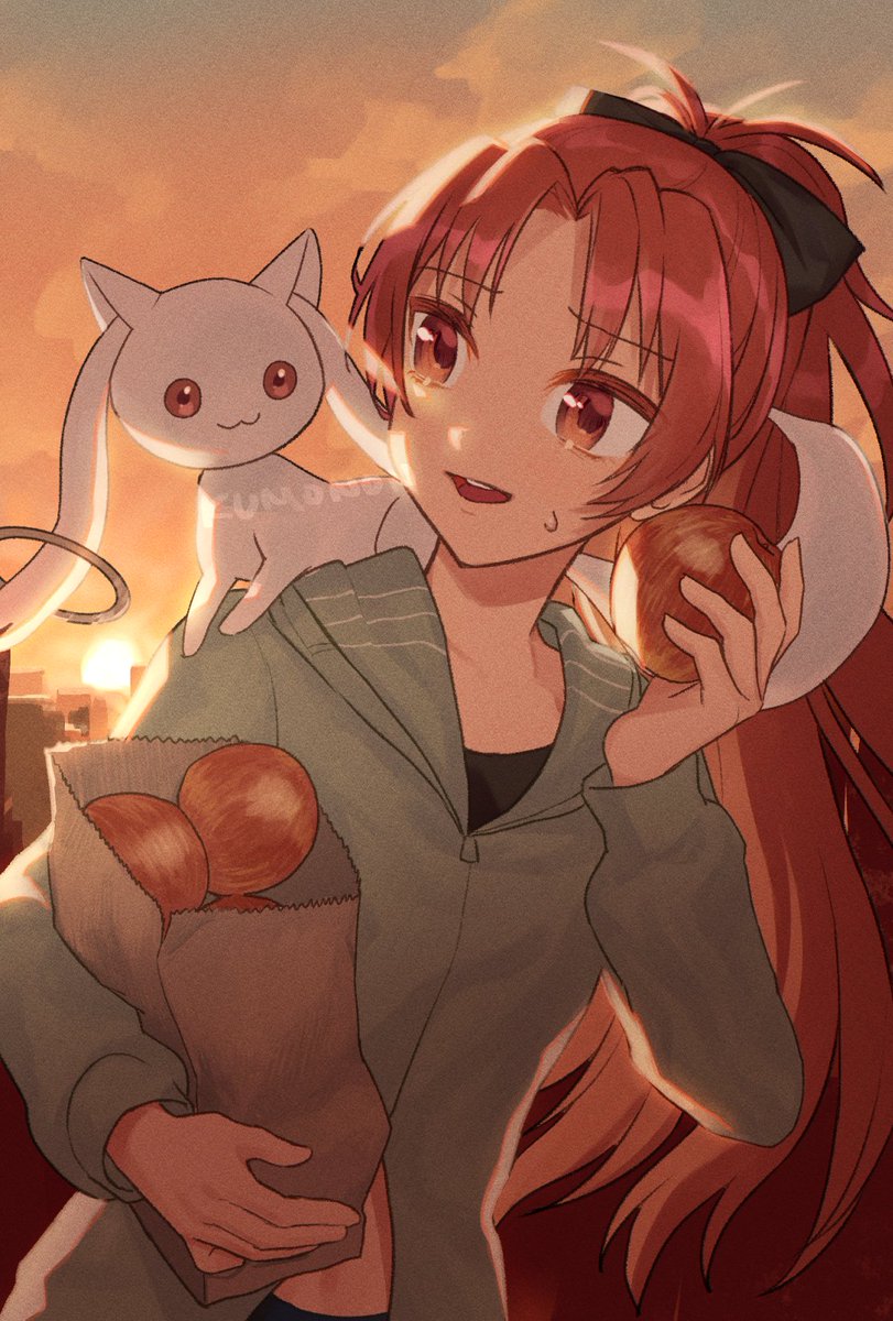 kyubey ,sakura kyouko 1girl holding food food holding red eyes red hair bag  illustration images