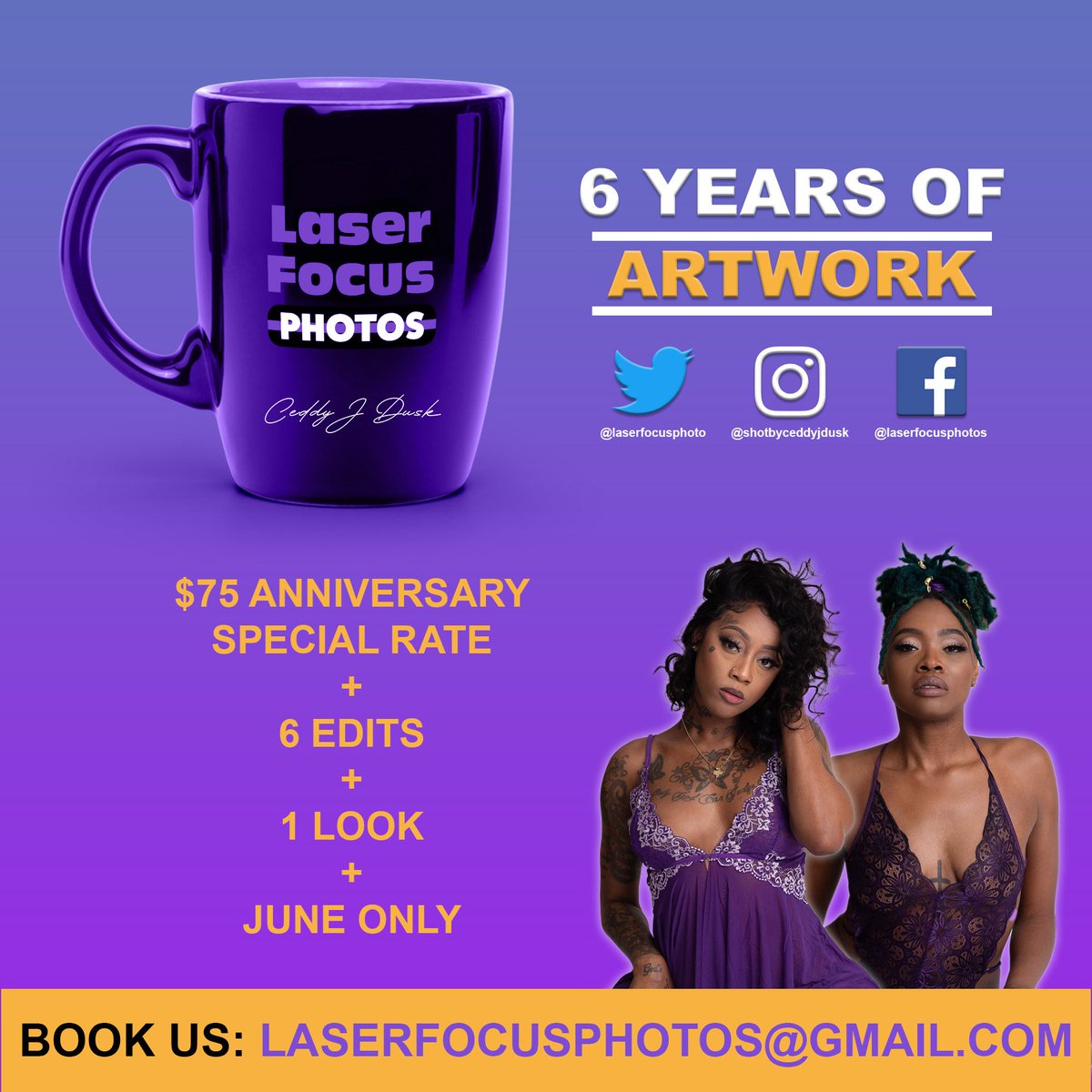 All June We Are Celebrating The 6th Anniversary of <a href="/LaserFocusPhoto/">Laser Focus Photos</a> / #ShotbyCeddyJDusk With A Special June Rate! #BookNowShootLater Shoot Credit Counts Till October 31st! $75 | 6 Edits | 1 Look (MUST PAY IN FULL TO LOCK IN)
Laserfocusphotos.com
