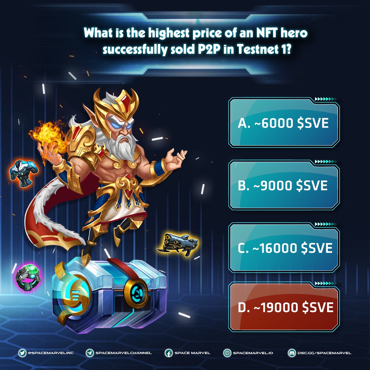 spacemarvelinc's tweet photo. the answer is .... D. Legendary Thor is sold P2P at 18999 $SVE, which is such an enormous number reflecting the high value of Space Marvel's NFT hero!

As in Testnet, the hero is for free, so NFT heroes is expected to be much more valuable when it comes to Mainnet.
#Cryptos #SVX https://t.co/LD3lDflpAe