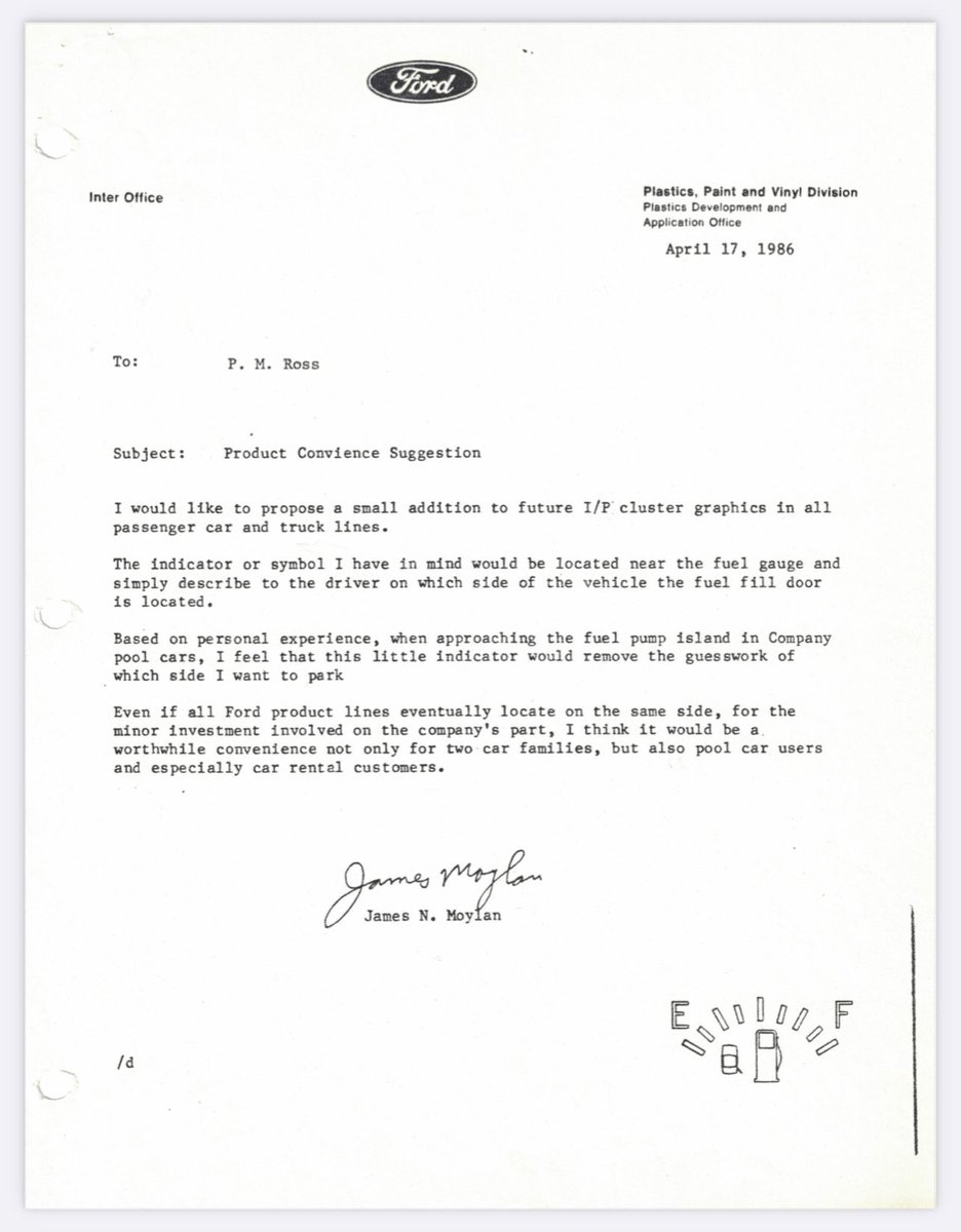 jimfarley98's tweet photo. . @stephenfry, thought you’d appreciate this backstory. The idea for this indicator icon was recommended by a @Ford engineer named Jim Moylan in 1986. Here’s his original letter pitching the idea. It was such a useful idea it eventually spread to other manufacturers. https://t.co/TGPhGE4dcM