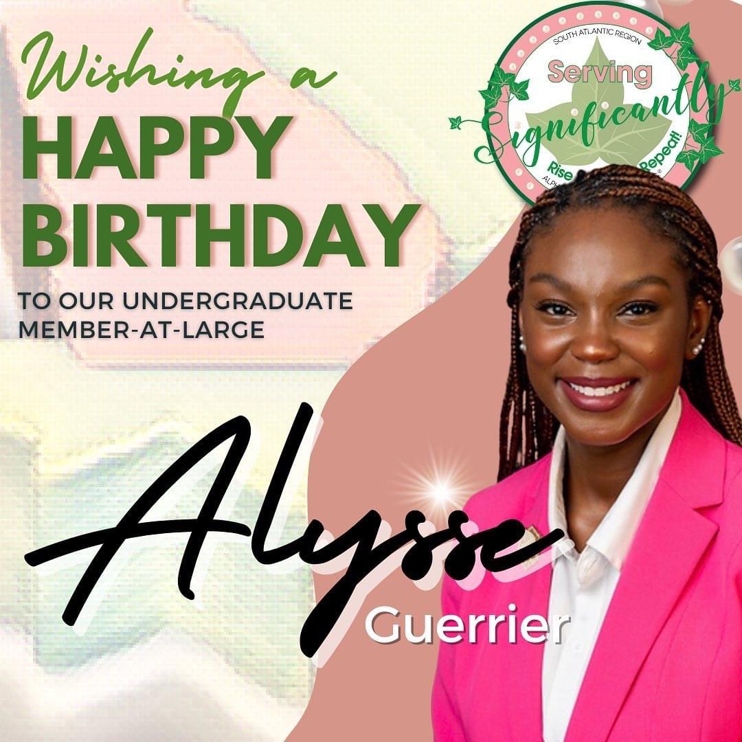 AKAPhiTauOmega's tweet photo. Please join us in wishing a happy birthday to the South Atlantic Regionโs own Alysse Guerrier. As our sororityโs Undergraduate Member-at-Large, she also represents the #SARegion on the International Undergraduate Activities Committee. She serves so significantly! ๐๐ https://t.co/yVnfYhk9ia