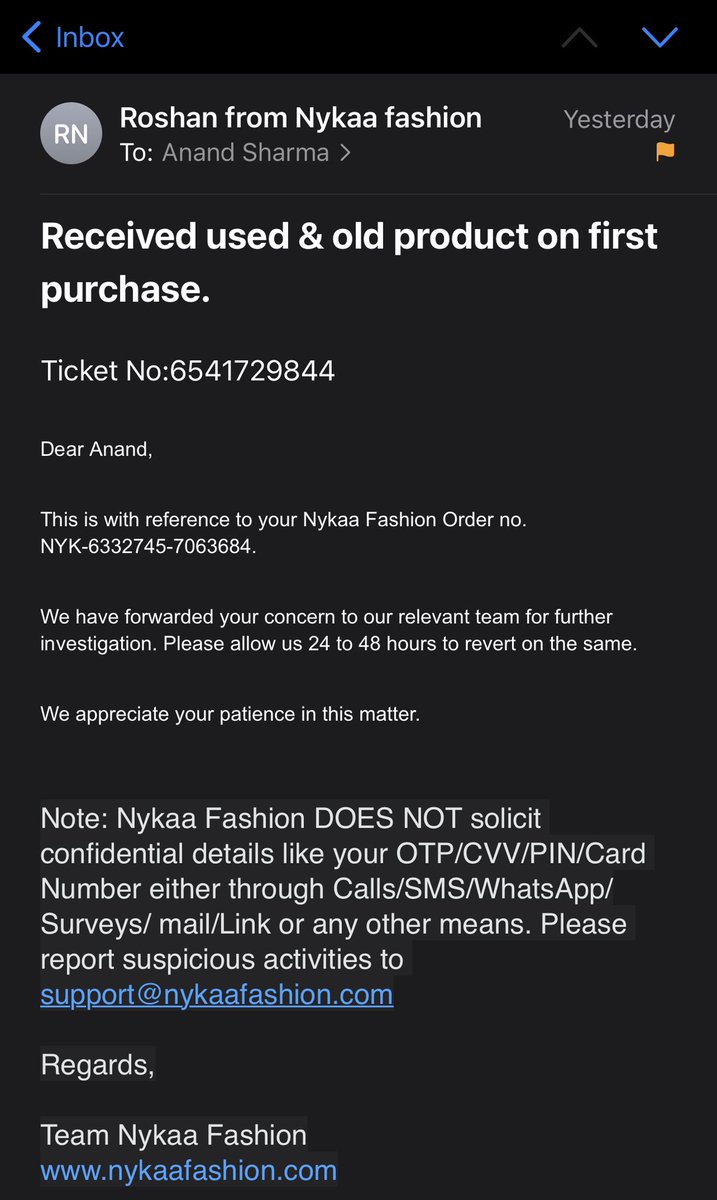 @MyNykaa @nykaafashion @NykaaMan Never buy anything from NykaFashion App. Their customers support is pathetic & do not help at all. I received a damaged product, shared images over email and it’s been 48 hours I have just received system generated emails. I am awaiting refund!