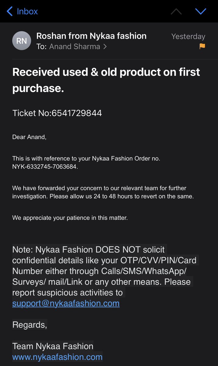 <a href="/MyNykaa/">Nykaa</a> <a href="/nykaafashion/">Nykaa Fashion</a> <a href="/NykaaMan/">Nykaa Man</a> Never buy anything from NykaFashion App. Their customers support is pathetic &amp; do not help at all. I received a damaged product, shared images over email and it’s been 48 hours I have just received system generated emails. I am awaiting refund!