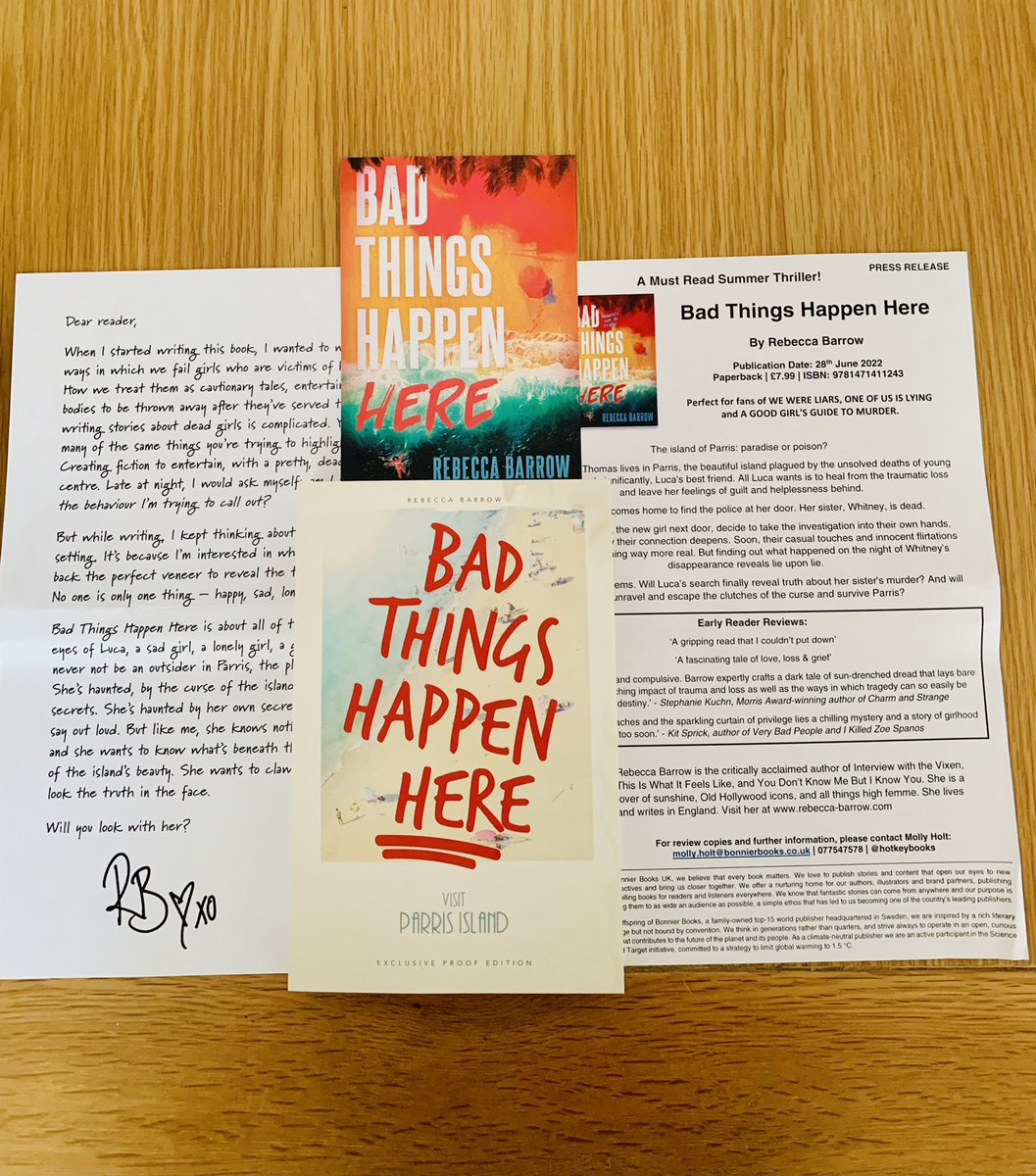 ✨Huge thanks to @eleanormrosee & @HotKeyBooksYA for this stunning proof of #BadThingsHappenHere by @rebeccakbarrow ✨

Out 28th June 🏝

#BookTwitter #booktwt